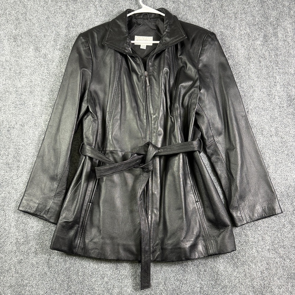 Worthington Womens Leather Jacket XL Black Y2K Belted Longline Zip Genuine